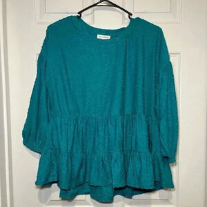 Blu Pepper Teal Green Swiss Dot Tiered Ruffle Long Sleeve Crew Neck Blouse